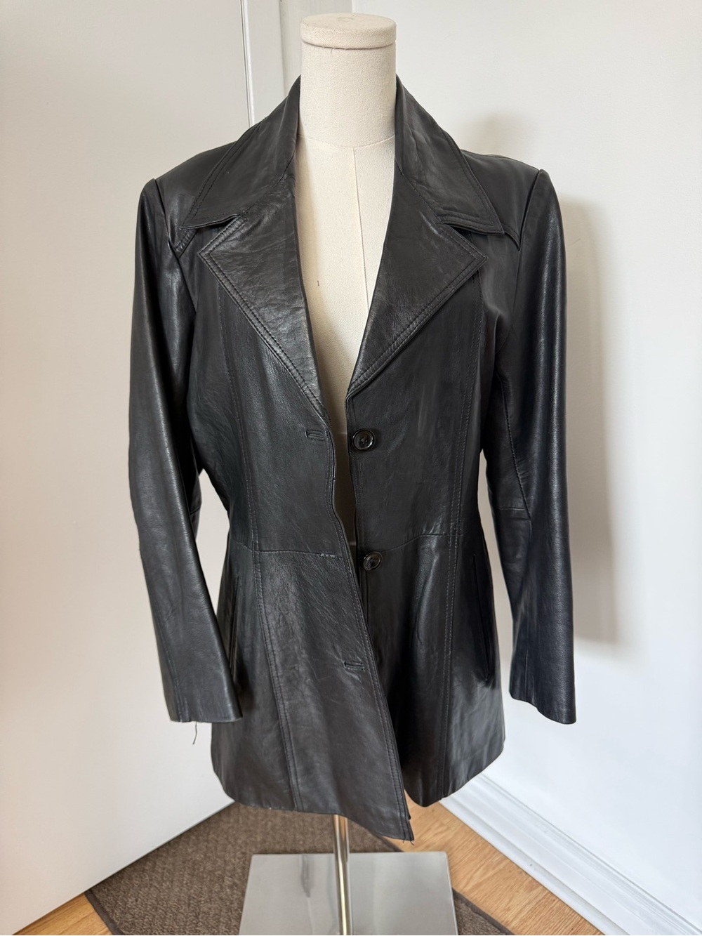 Women's Black Leather Button-Front Jacket